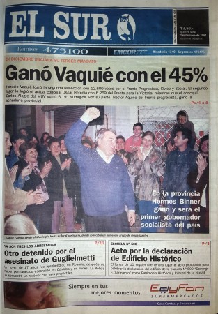 La edición Nº 438 de Diario EL SUR del martes 2 de septiembre de 2007, reflejaba la tercera victoria de Horacio Vaquié en elecciones a intendente.